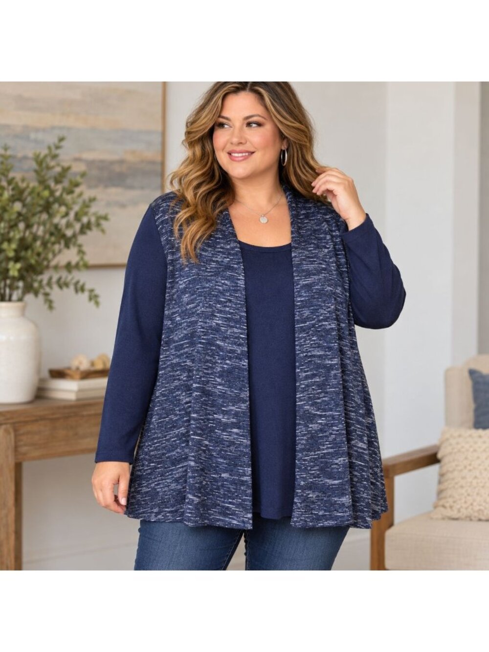 Avenue Cardigan Tank Duet Womens 30W 4X Navy Marled Open Front Plus Fall Twofer